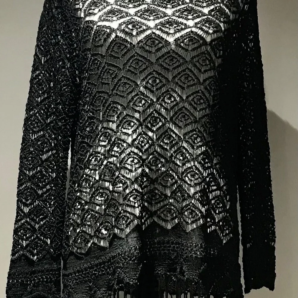 Colleen Lopez Black Sheer Lace Crochet Fringe Tunic Cover Up Top Size Large